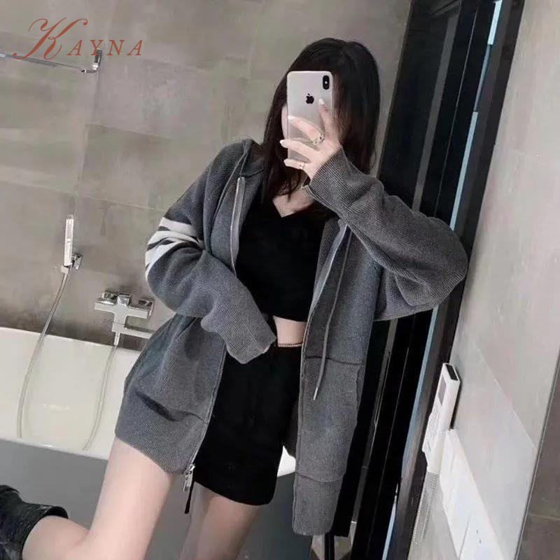 Kayna Áo Khoác cardigan Dáng Lửng Lót Nhung Dày Dặn Phối Khóa Kéo Thời Trang Thu Đông 2022 Cho Nữ