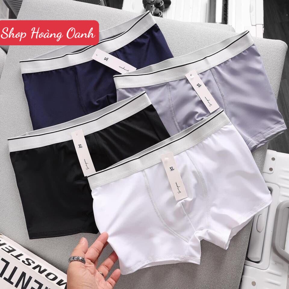 Quần lót nam thun lạnh Boxer, Quần sịp đùi nam co giãn 4 chiều - Hộp 4 quần lót nam cạp bạc thun lạnh cao cấp