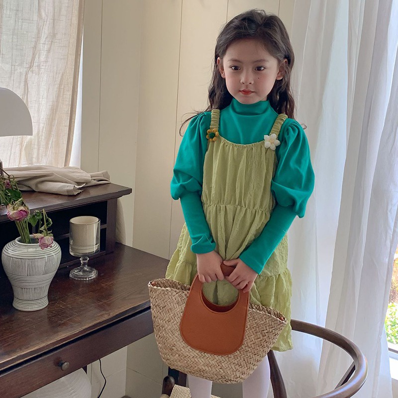 Áo Thun Tay Phồng Cổ Cao Thời Trang Thu Đông Phong Cách Hàn Quốc Cho Bé Gái