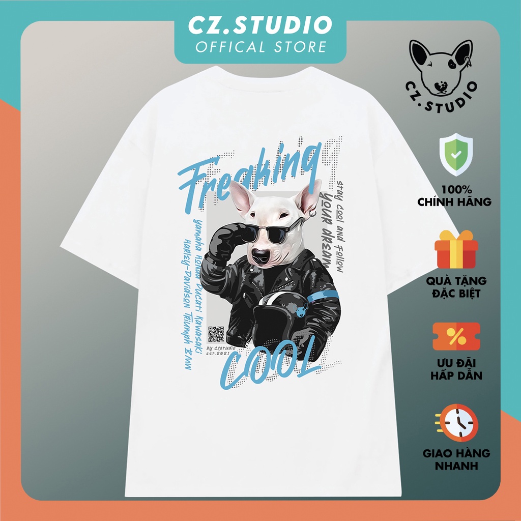 Áo thun trắng cao cấp Unisex Tay Lỡ Form Rộng Cún Chó Bull Terrier Freaking Cool CZ STUDIO