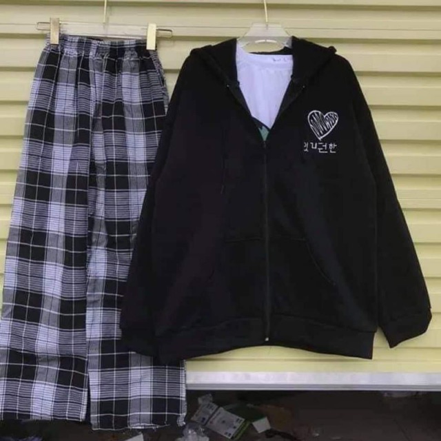 Sét áo khoác tim Hàn + quần kẻ đen LN12