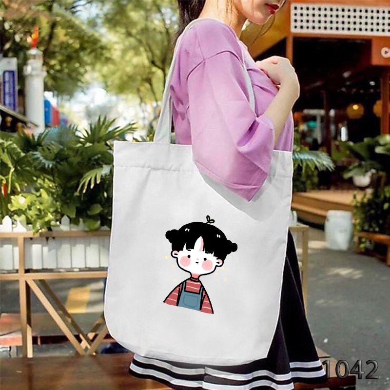 TÚI TOTE TRẮNG CHẤT VẢI CANVAS 1042 CÔ BÉ TÓC BỐI DỄ THƯƠNG HÀNG CHUẨN ĐẸP