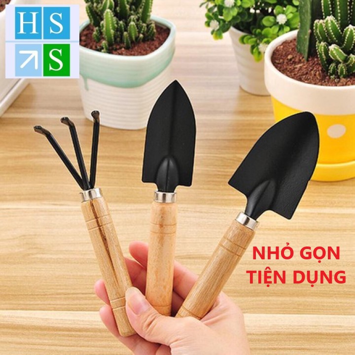 Bộ 03 Dụng cụ làm vườn mini cán gỗ (Xẻng + Bay + Cào đất) dùng đa năng trồng rau trồng hoa chăm cây cảnh tiện lợi