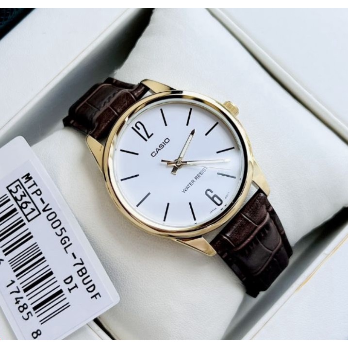 Đồng hồ Nam Casio MTP-V005GL-7B, đồng hồ chính hãng, dây da nâu mặt trắng