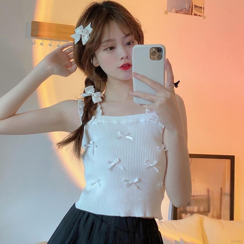 Áo Croptop Dệt Kim Hai Dây Đính Nơ Phong Cách Retro Hàn Quốc Dễ Thương