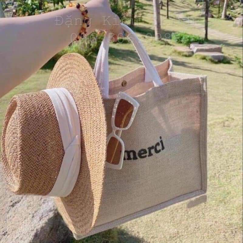 Túi Cói đi biển Túi Cói MERCI size to, Túi xách đựng đồ du lịch đi biển đi picnic LOẠI ĐẸP