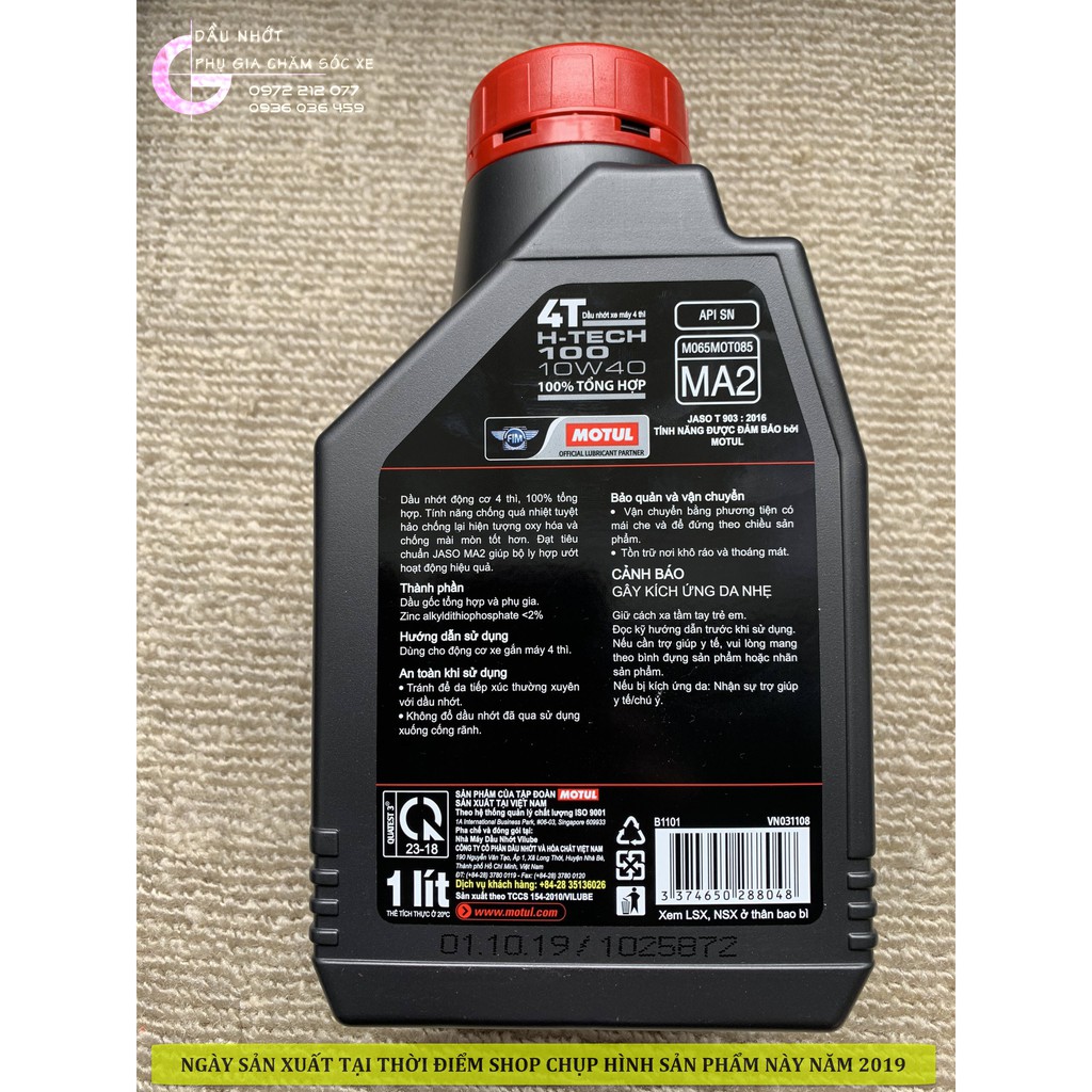 Dầu nhớt Motul H-Tech 100 10W-40 giá rẻ, tổng hợp toàn phần cho xe số, xe côn tay Winner, Raider, Exciter, CBR