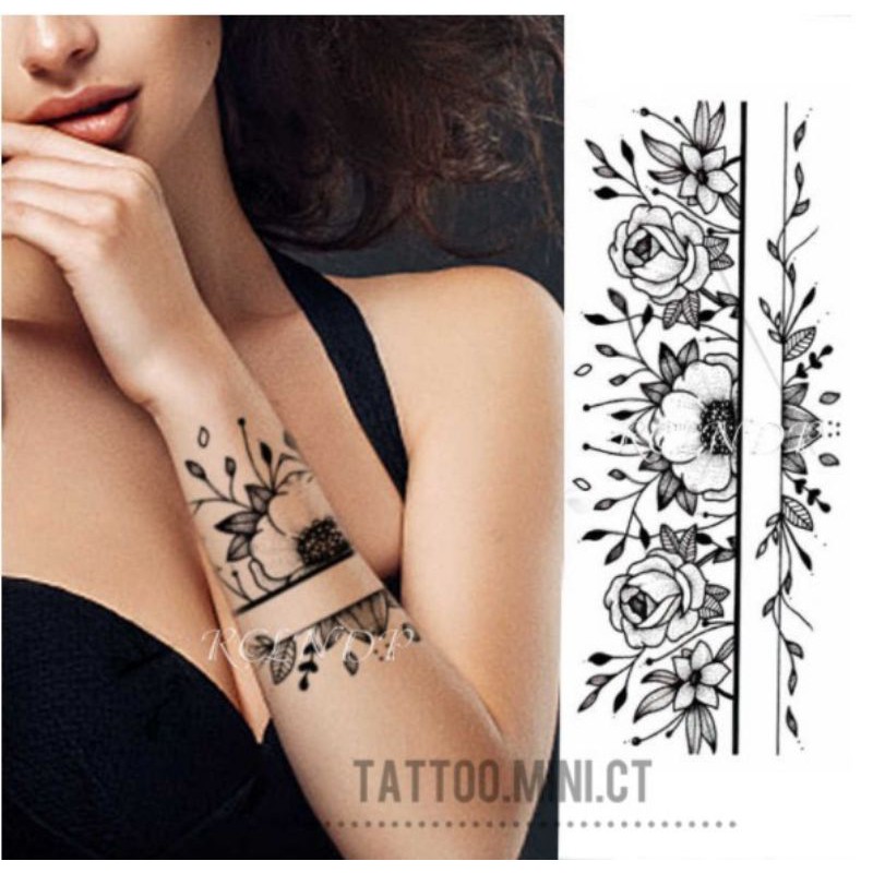 Hình xăm hoa văn hai dòng kẻ thời trang ấn tượng. Tatoo vòng tay độc đáo mới lạ size 12x23cm