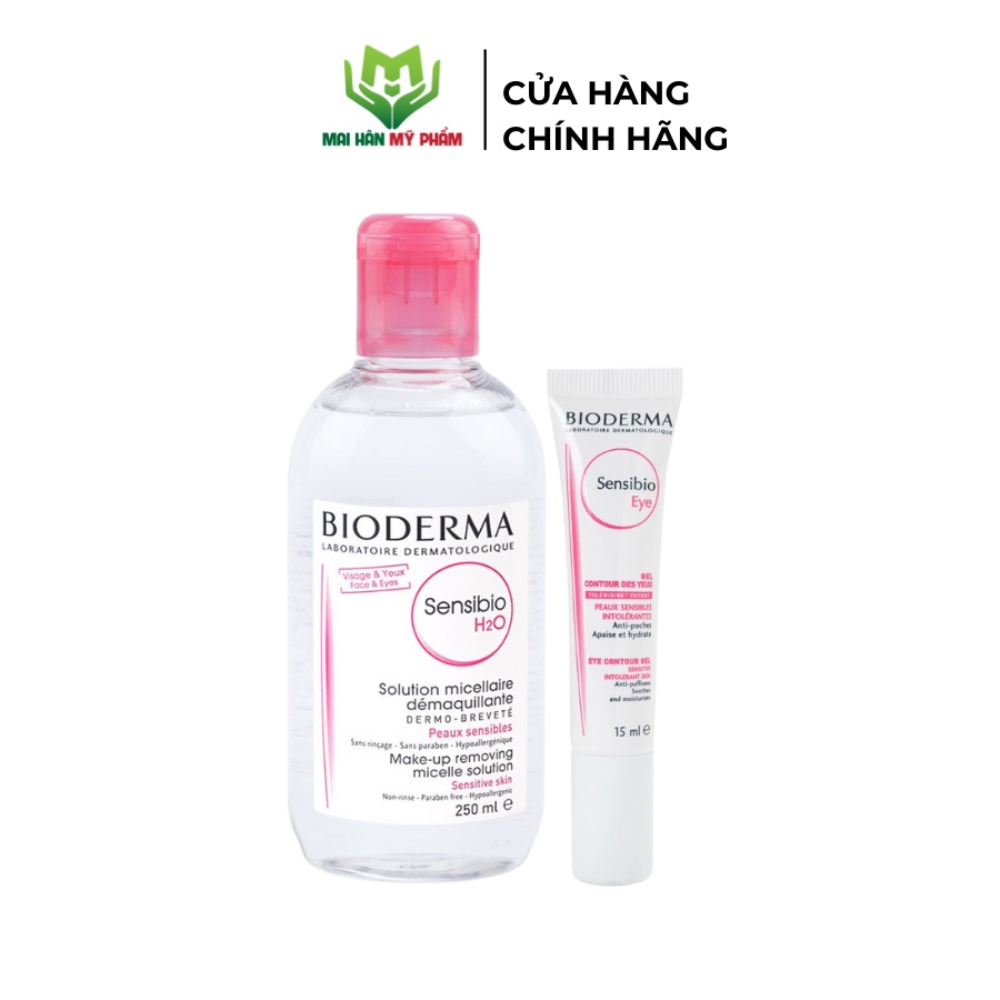 Bộ đôi nước tẩy trang làm sạch micellar cho da nhạy cảm Bioderma Sensibio H2O 250ml và kem dưỡng giảm bọng mắt 15ml