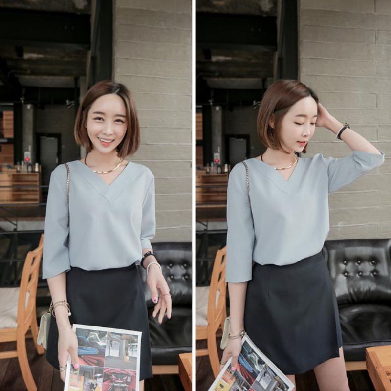 Áo nữ chất liệu chiffon tay lỡ cổ V màu trơn thời trang