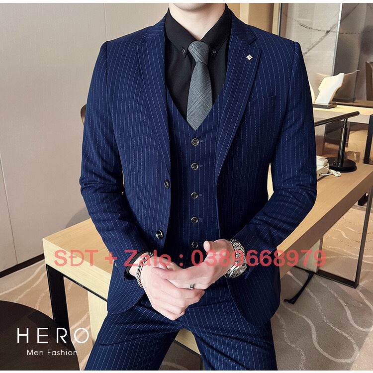 Vest Nam Hàn Quốc 2 Cúc, Vest Nam Công Sở Kẻ Sọc Xanh Than 2 Cúc, Suit Nam Cao Cấp 2 Cúc Kẻ Sọc Xanh Than