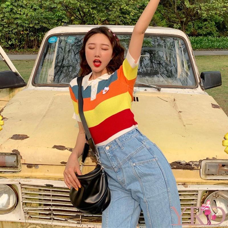 Áo thun polo nữ kẻ sọc cổ bẻ màu sắc ngọt ngào | BigBuy360 - bigbuy360.vn