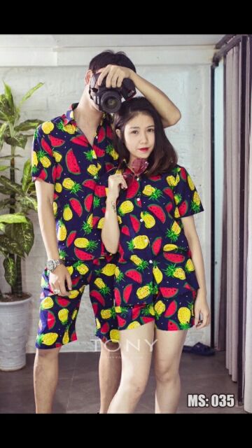 Bộ hoa quả đi biển nam nữ chất đẹp cổ sơ mi  mẫu dưa dứa