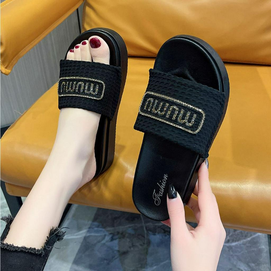 (HCM) Dép Thời Trang Nữ Đế Cao MUMU Quai Vải Đính Cườm Phong Cách Hàn quốc