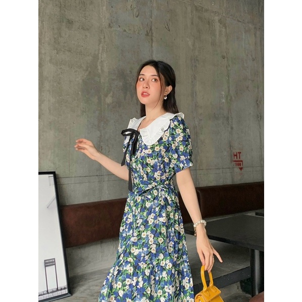 Đầm hoa công sở cổ tim trắng bầu mặc được Julie BT086