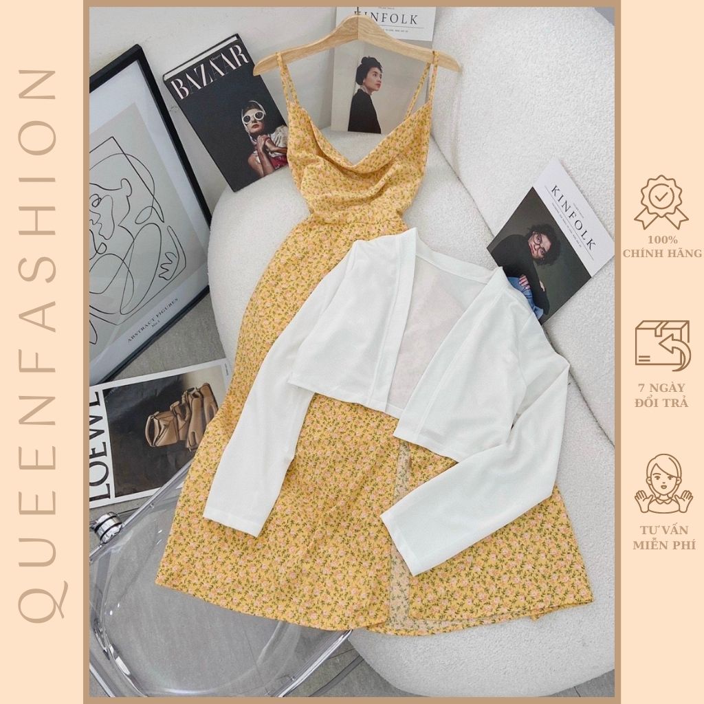 Set đầm 2 dây hoa kèm khoác cardigan màu vàng siêu tôn da