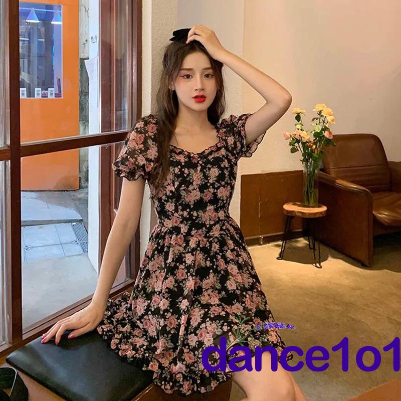 Đầm mini cổ vuông tay ngắn phồng eo cao thời trang mùa hè cho nữ