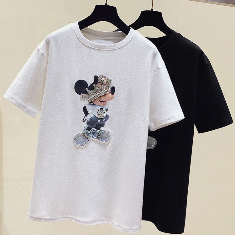Áo thun cotton dáng rộng họa tiết chuột Mickey dễ thương cho nữ