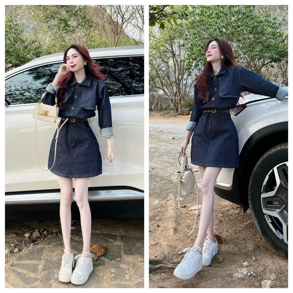 Set bộ áo somi phối váy jean siêu xinh chất jean xanh đậm tôn dáng mặc đi chơi hot trend
