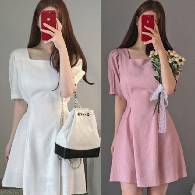 Đầm váy cổ vuông thắt nơ 2 màu (kèm hình thật)
