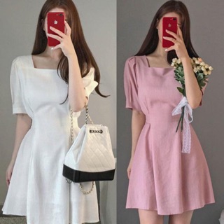 Đầm váy cổ vuông thắt nơ 2 màu