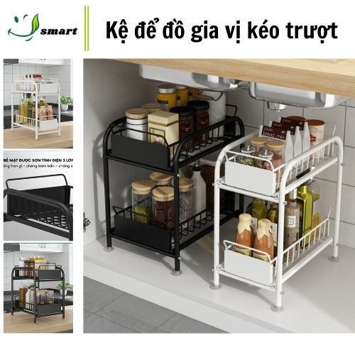 Kệ gia vị nhỏ gọn, kệ để đồ dưới bồn rửa bát 2 tầng đa năng sơn tĩnh điện thiết kế ngăn kéo trượt thông minh