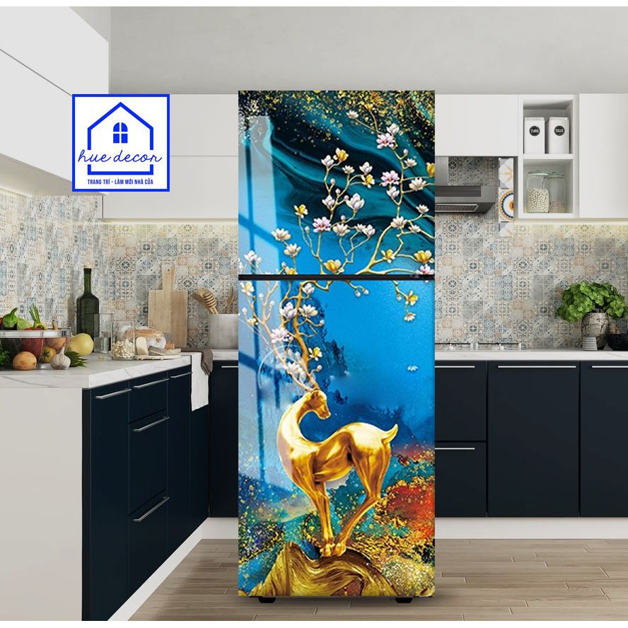 Decal dán tủ lạnh hươu vàng phong thủy hue decor, chống nước-siêu bền, giá rẻ