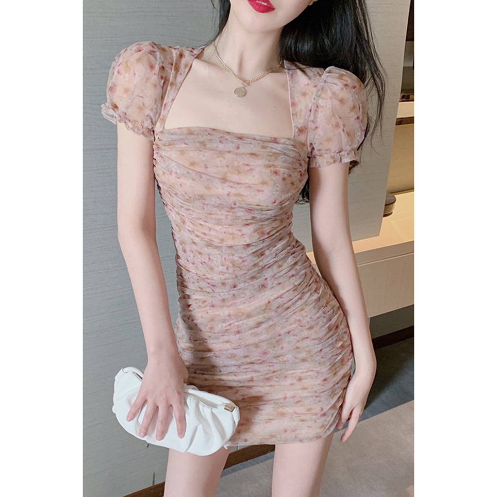 (ORDER) Váy voan hoa nhí cổ vuông nhăn nhún ôm body bó sát sexy quyến rũ sang chảnh Hàn Quốc