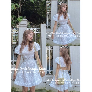 [D4] Váy voan hoa chìm 2 lớp cut out lưng kèm dây buộc nơ sau kiểu dáng Hàn Quốc