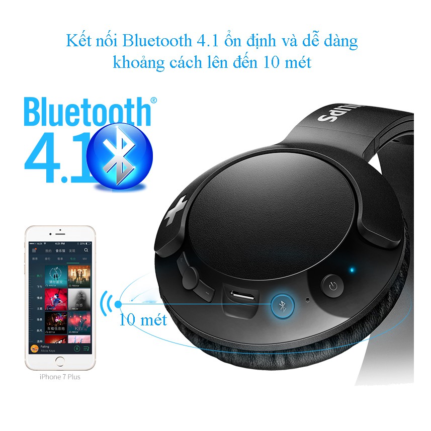 Tai nghe bluetooth Philips SHB-3075 Bass+ âm thanh sống động, cao cấp