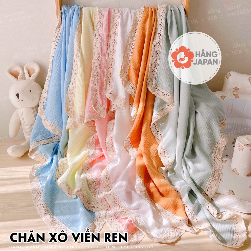 Chăn xô thêu viền ren chất liệu sợi muslim siêu đẹp cho bé kích thước 1.2*1.2m