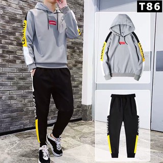 Bộ Thể Thao Nam, Bộ Thu Đông dài tay chất Nỉ da cá, vải đẹp, dày dặn, phối xám T86 - Tiger Store