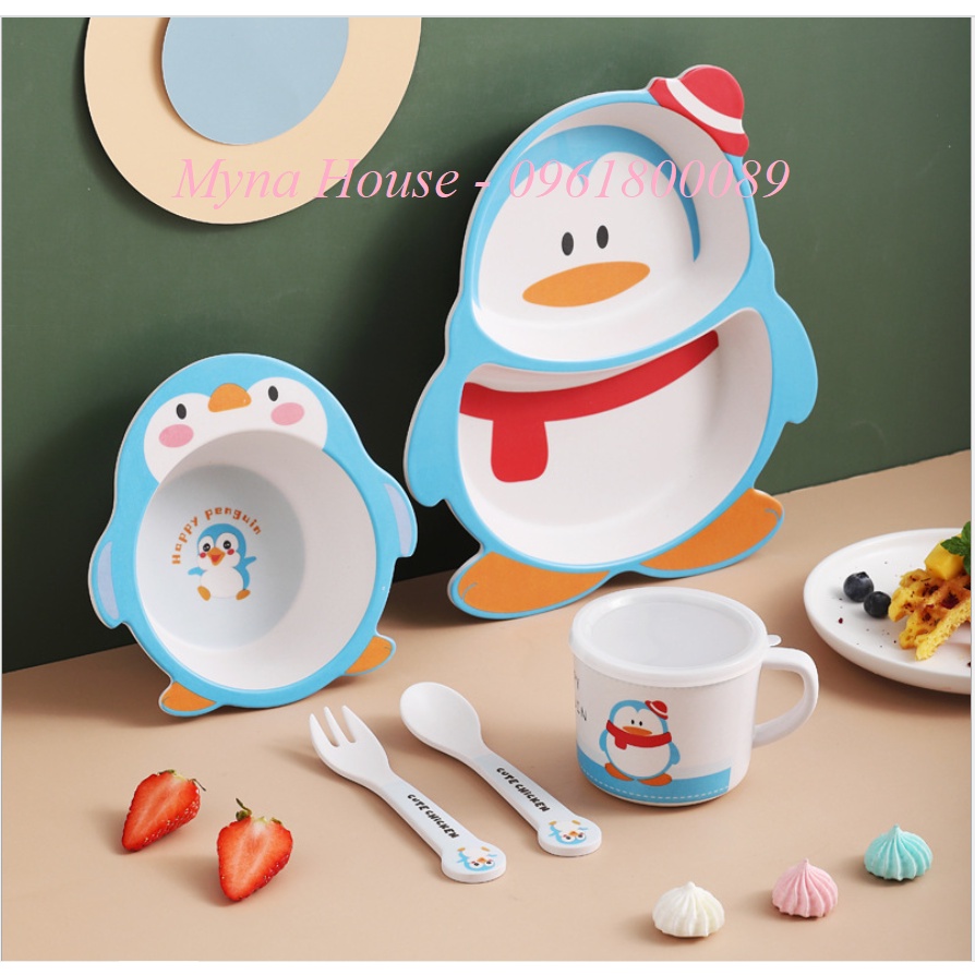 Set 5 món Khay, Bát, Cốc, Thìa, Dĩa ăn dặm hữu cơ tự nhiên Bamboo Fiber
