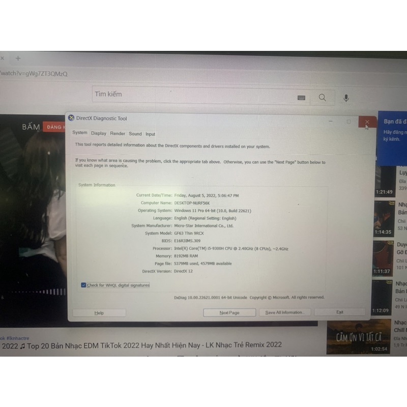 Laptop gaming MSI Gf63-9rcx Core i5-9300H Ram 8gb ssd 512gb cạc 1050 màn fui hd