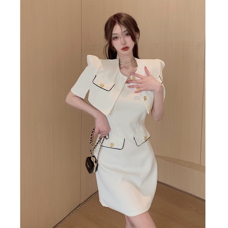 Bộ Áo Khoác Ngắn + Đầm Hai Dây Ôm Dáng Phong Cách Hàn Quốc Thời Trang Mùa Hè Dành Cho Nữ