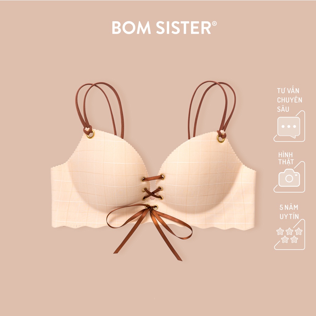 Áo lót mút mỏng không gọng dây vai đôi hoạ tiết caro kèm dây rút tạo khe chữ V BOM SISTER A2450