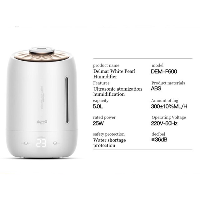 Máy tạo độ ẩm Deerma DEM-F600 - Dung tích 5L, Kích thước 218x218x332mm