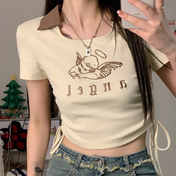 Áo Thun POLO Dệt Kim Tay Ngắn Thêu Họa Tiết Dễ Thương