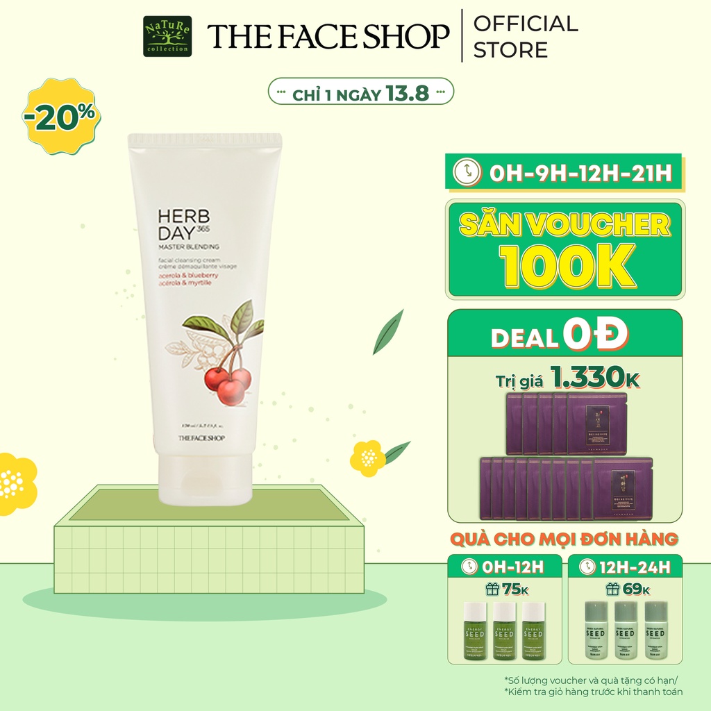 (HSD 01/12/22) Kem Tẩy Trang Thefaceshop Herb Day 365 Master Blending Facial Cleansing Cream Acerola&Blueberry 170ml