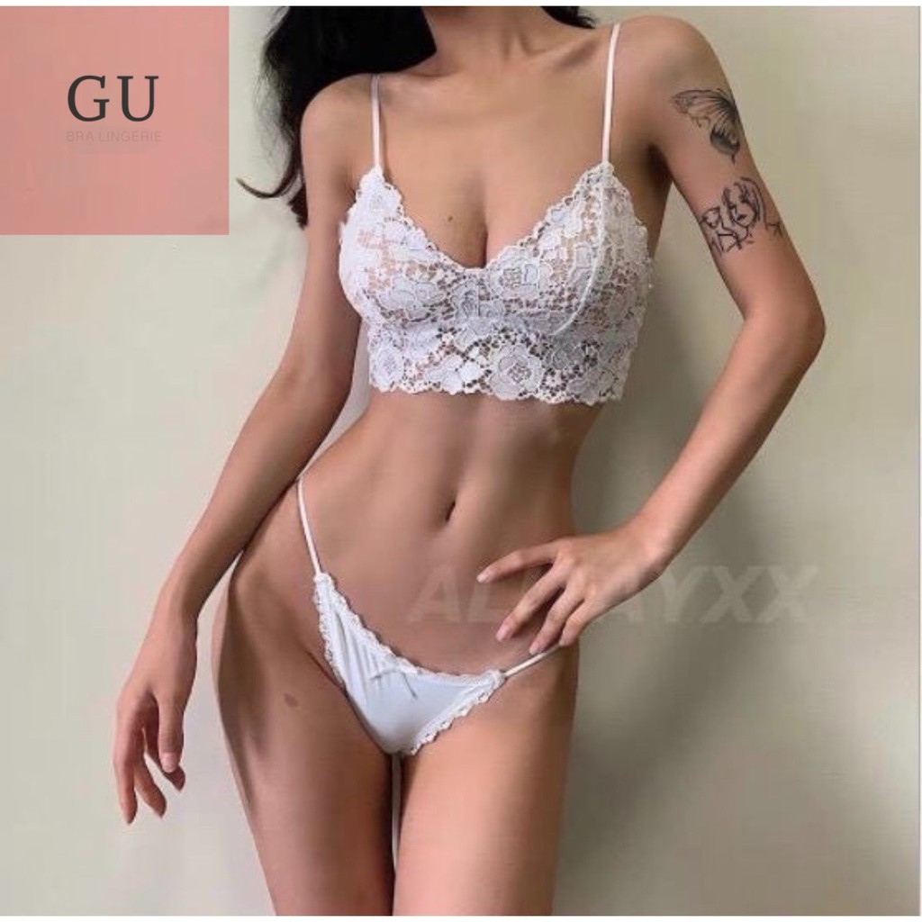 Bộ Bralette Ren Sexy Đệm Mỏng Mix Dáng Croptop Phối Quần Lót Dây Mảnh Gợi Cảm Gu Bra - B06