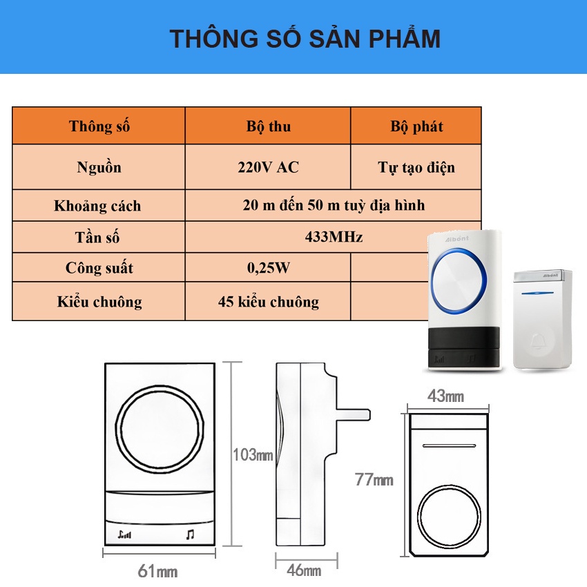 Chuông cửa không dùng Pin, không dây chống nước Aibont cao cấp - Màu Đen
