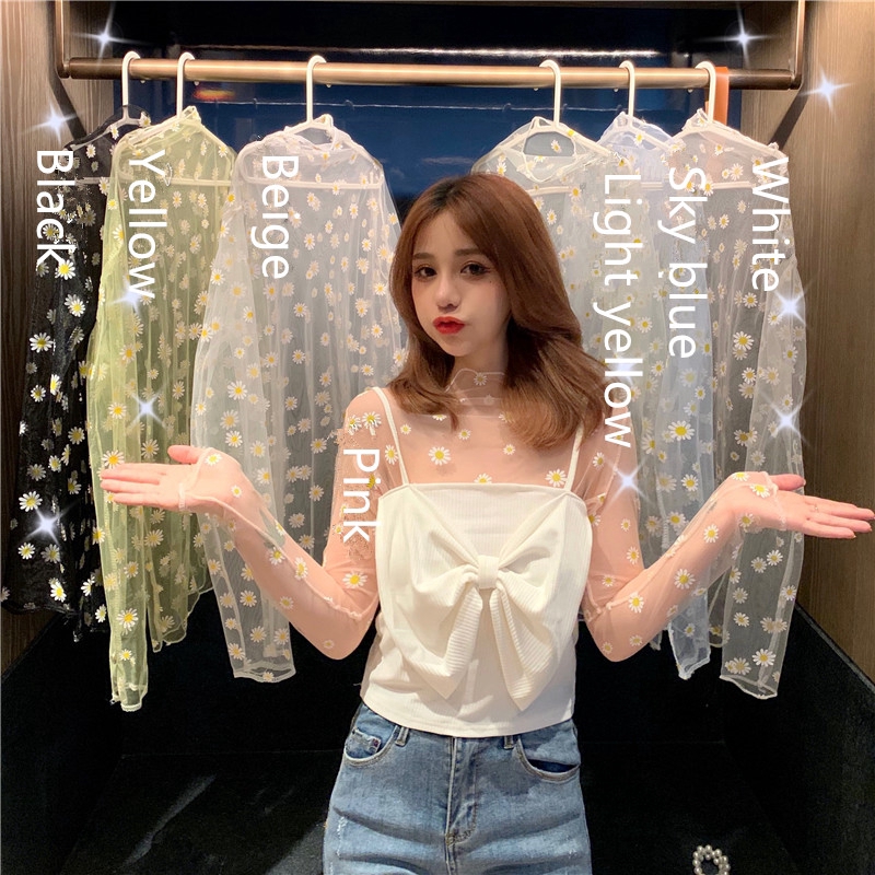 SUXI Áo Tay Dài Dáng Rộng Phối Lưới In Hình Hoa Cúc Kiểu Hàn Quốc Xinh Xắn Cho Nữ