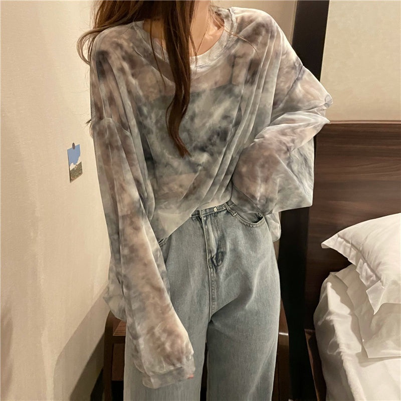 Áo Thun Lưới Tay Dài Chống Nắng Dáng Rộng Nhuộm Màu Phong Cách Hàn Quốc Thời Trang Mùa Hè 2022 Cho Nữ