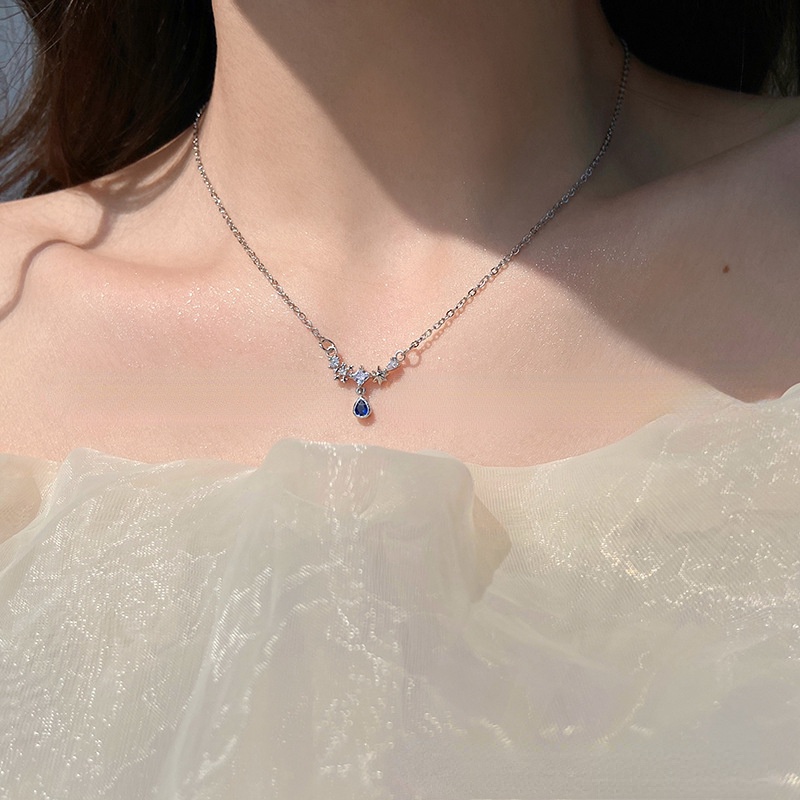 Vòng cổ Bạc Mặt Hình Giọt Nước Đính Đá Xanh Dương Phong Cách Hàn Quốc Sang Trọng Thời Trang Cho Nữ