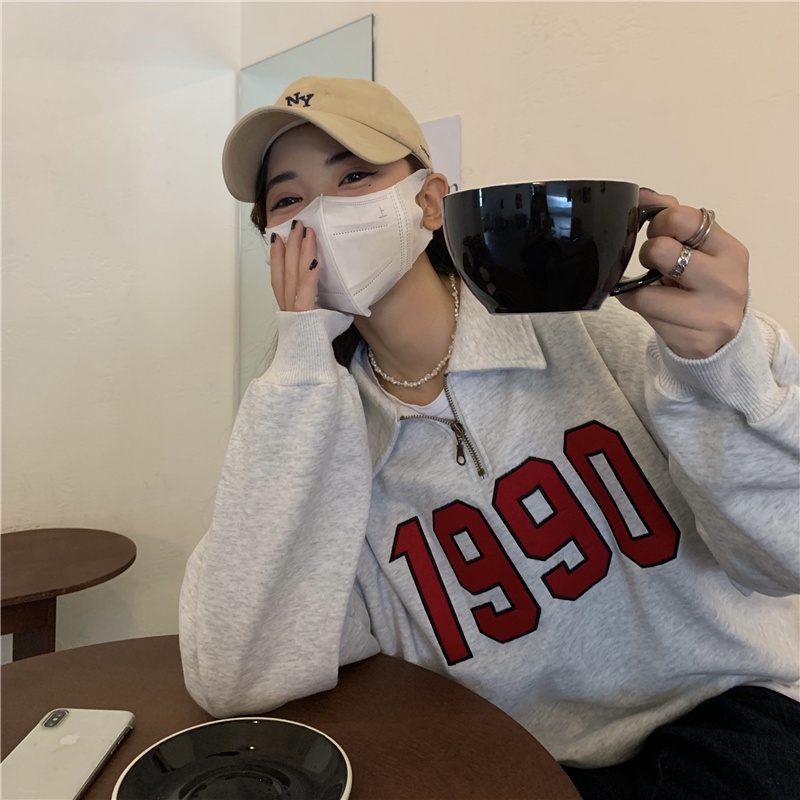 Porozi  Áo sweater tay dài cổ bẻ in họa tiết phong cách Hàn Quốc thời trang dành cho nữ