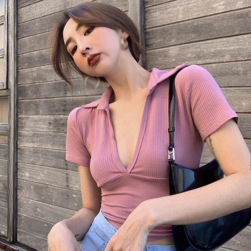 Áo thun dệt kim tay ngắn cổ chữ v dáng ôm màu trơn thời trang quyến rũ dành cho nữ