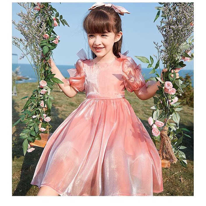 Váy công chúa nơ hồng organza mềm