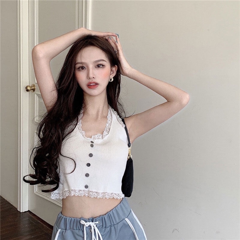 Áo croptop YEYA dệt kim phối ren lưng cao thời trang quyến rũ tùy chọn màu sắc dành cho nữ