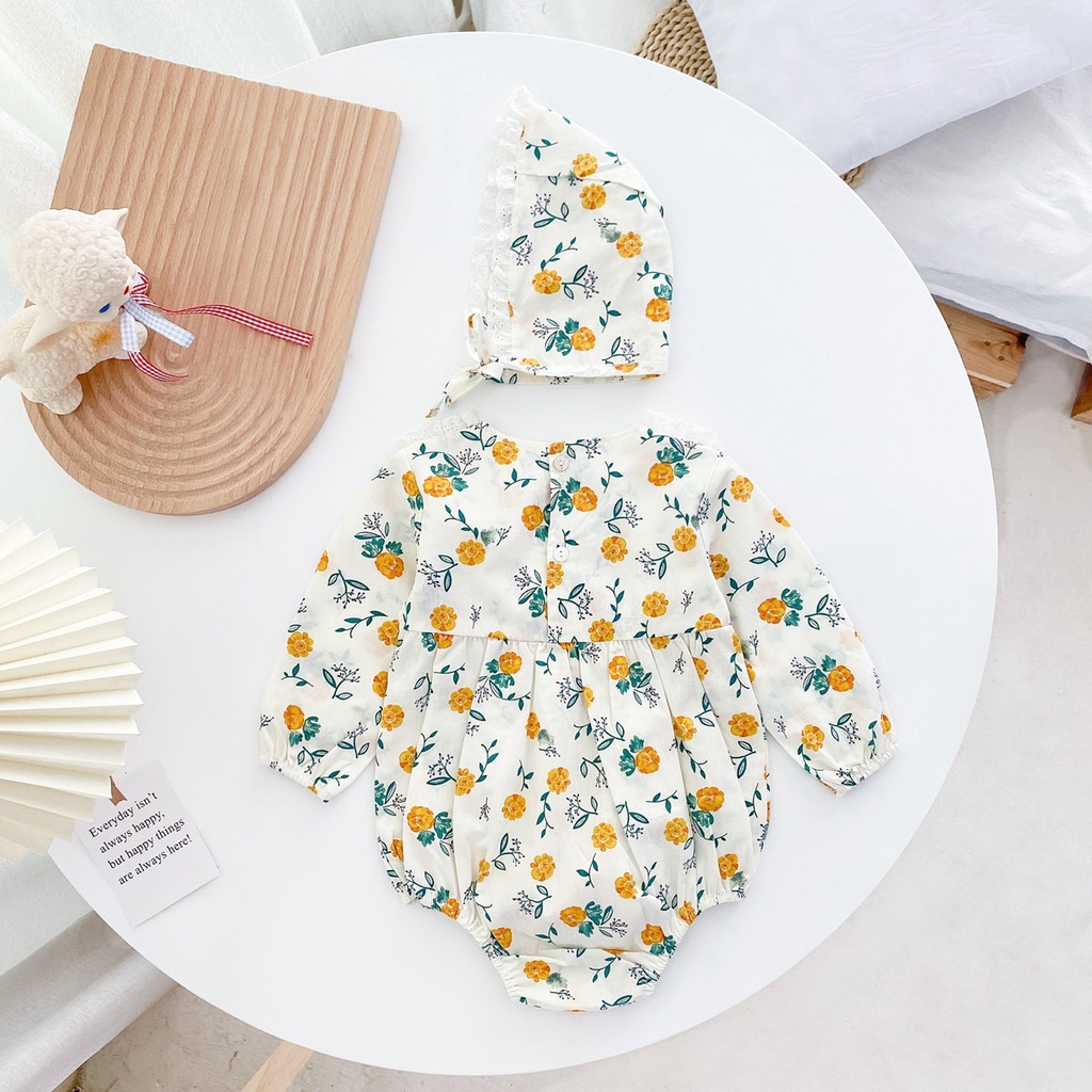 Bộ Áo Liền Quần Tay Dài In Hoa Kèm Mũ Thời Trang Mùa Thu Xinh Xắn Cho Bé Gái