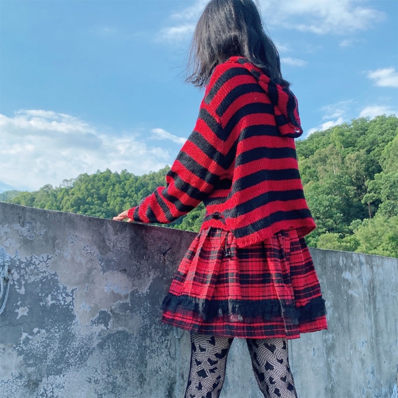 Áo Khoác Len Cardigan Tay Dài Có Khóa Kéo Họa Tiết Kẻ Sọc Thời Trang Cho Nữ